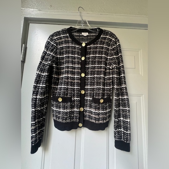 J. Crew Black and White Checkered Lady cardigan tweed sweater Size XSmall - Picture 2 of 7
